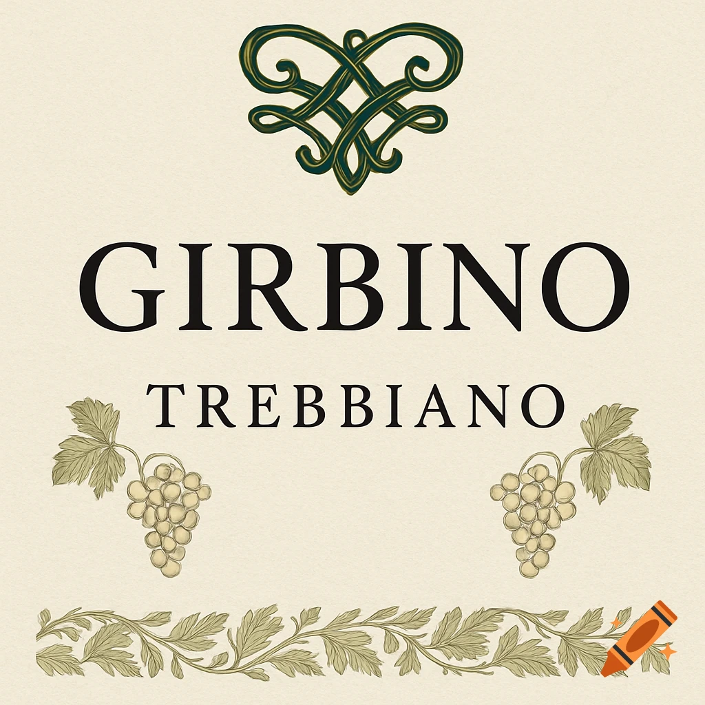 A cream-colored wine label for 'Girbino Trebbiano' with a dark green ornate emblem, two bunches of white grapes, and a leafy border.