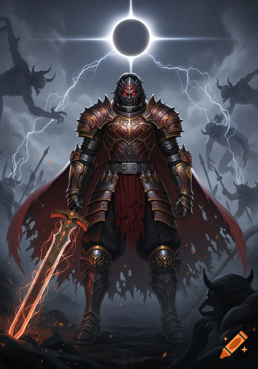 A dark fantasy warrior in ornate armor with red eyes holds a glowing sword, standing among shadowy demons under a stormy, eclipsed sky.