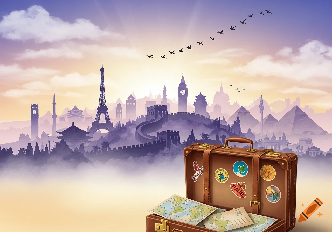 An illustration of a brown open suitcase with maps and travel stickers in the foreground, set against a stylized skyline of global landmarks and flying birds under a colorful sky.