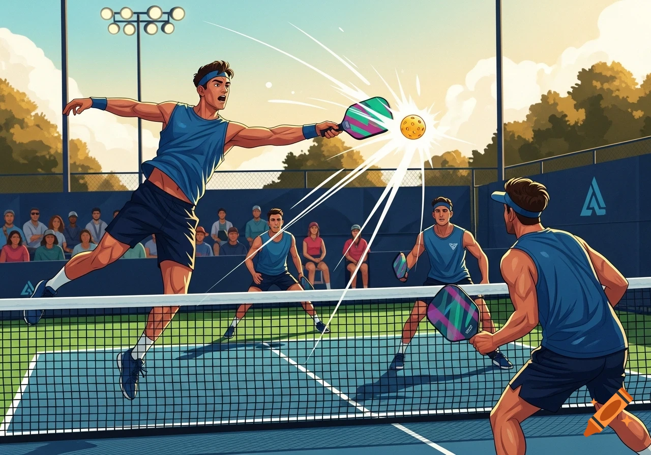 Vibrant illustration of male pickleball players on an outdoor court, one jumping to smash the ball over the net.