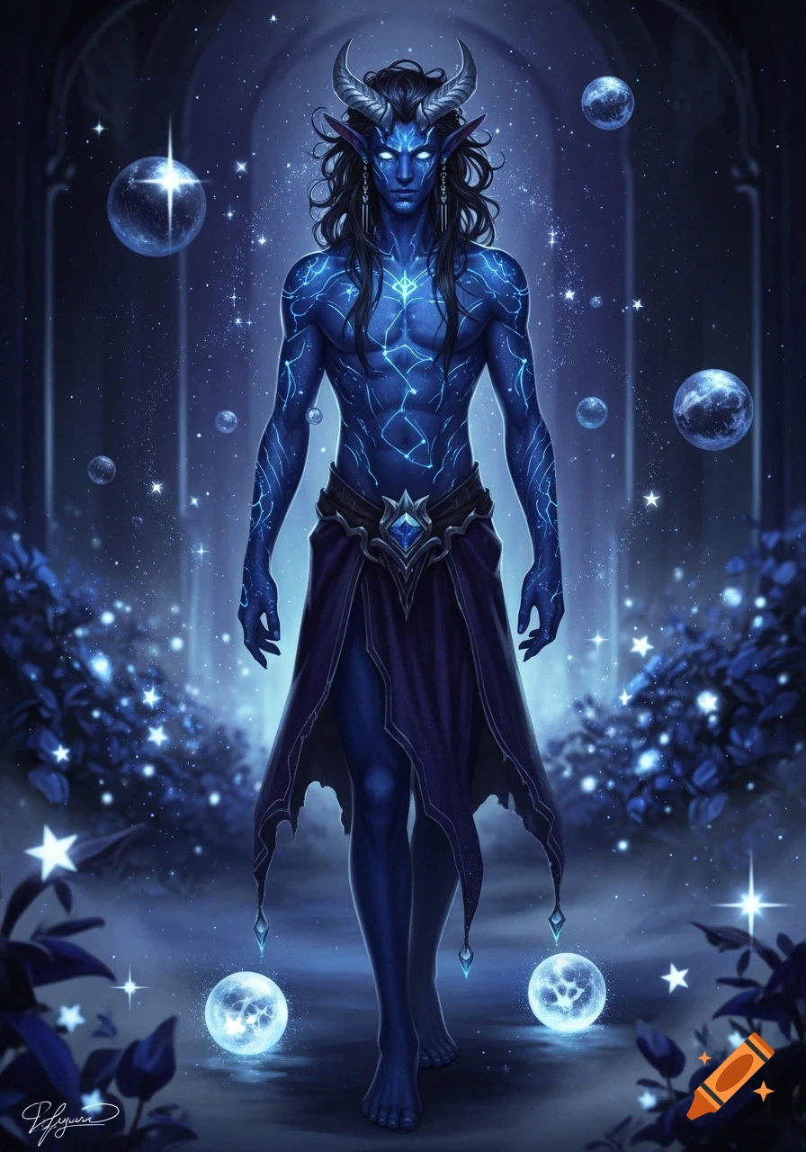 A handsome, blue-skinned fantasy man with horns, glowing patterns, and long dark hair stands among glowing orbs and stars.