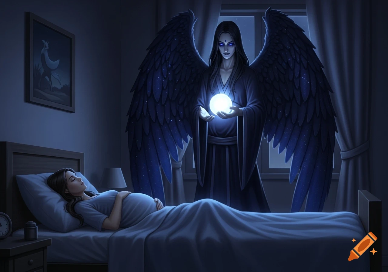 A dark-winged humanoid with glowing blue eyes holds a luminous orb over a sleeping pregnant woman in a dim room.