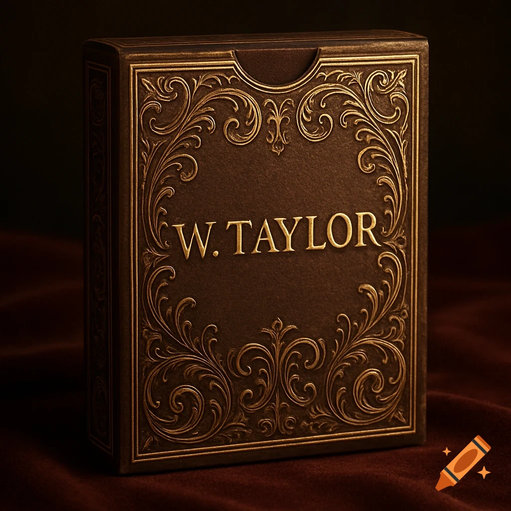 A brown tuck-box with intricate gold baroque-style patterns and 'W. TAYLOR' embossed in gold text.