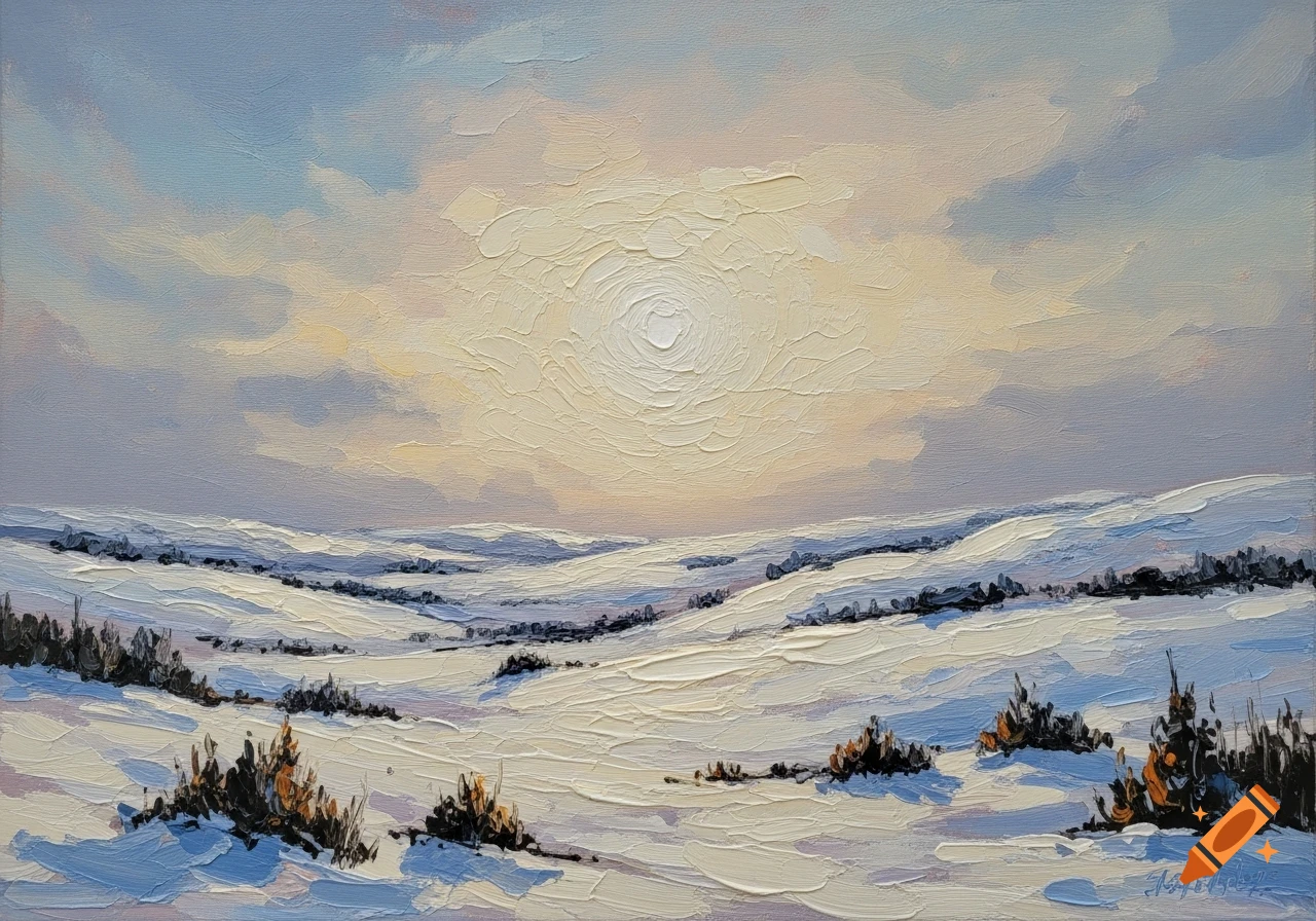 An abstract oil painting of a sun setting over a snowy winter landscape with visible brushstrokes.