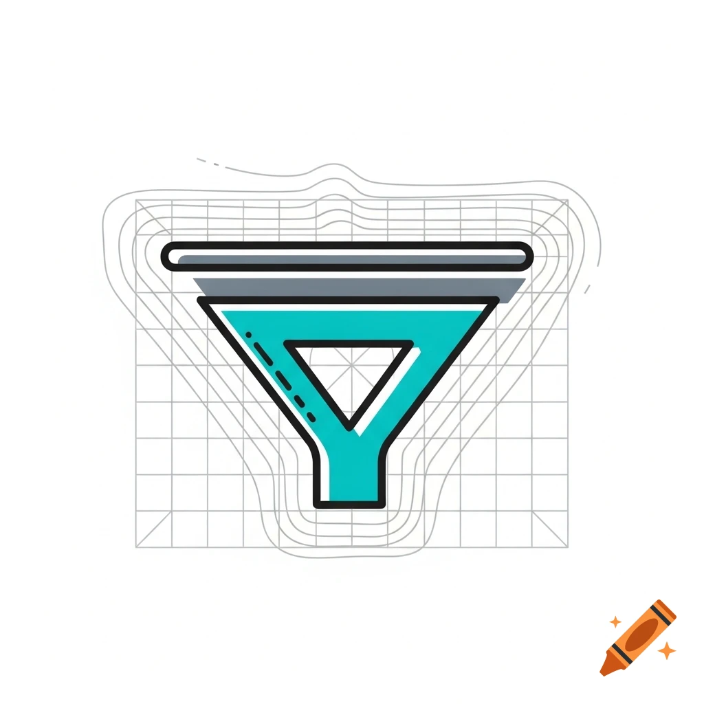 A stylized teal funnel icon with a grey top bar and black outlines, set against a grid background with wavy lines.