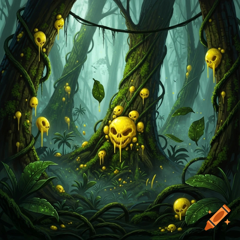Dark, moss-covered jungle with thick vines and luminous yellow skull-like growths dripping goo from tree trunks.