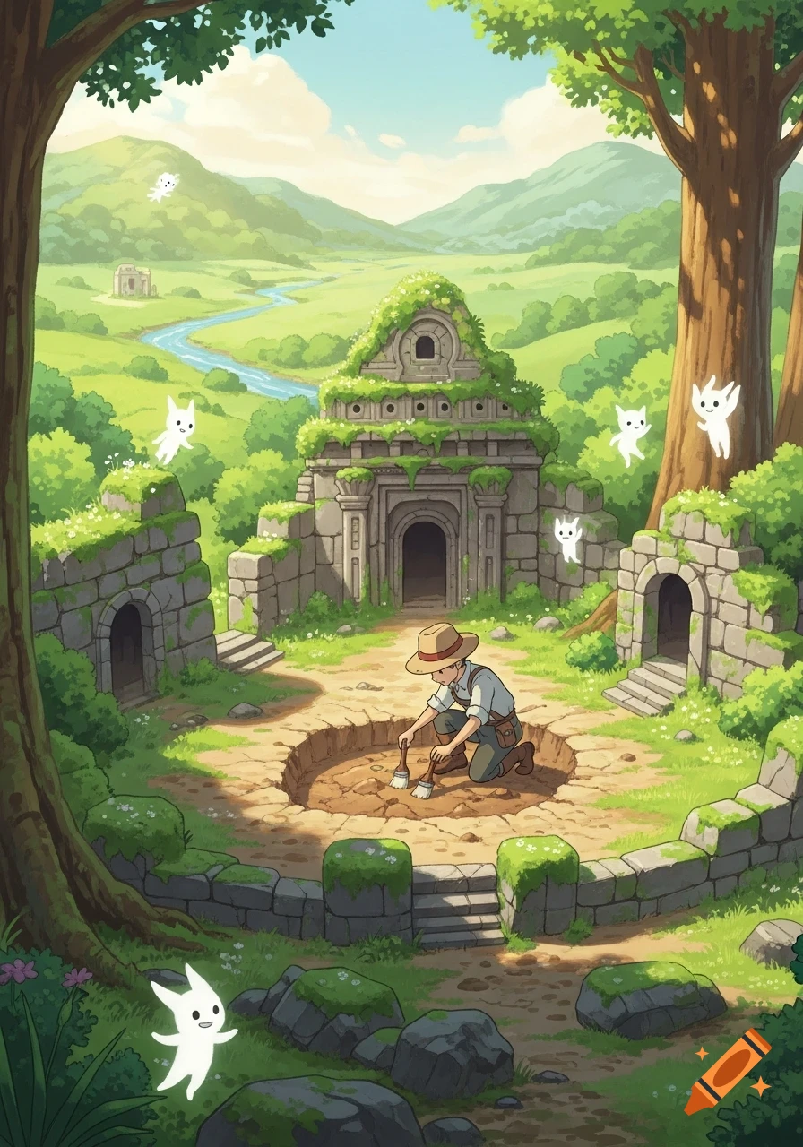 An archeologist digs in ancient ruins surrounded by a lush valley and floating white spirits, in Studio Ghibli anime style.