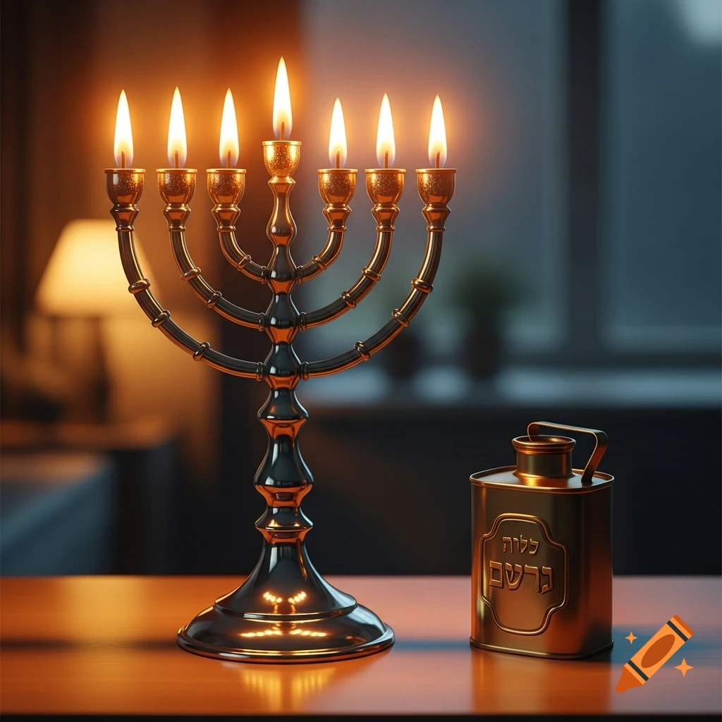 A gold menorah with six lit candles and a small gold oil can sit on a wooden table in a dimly lit room.