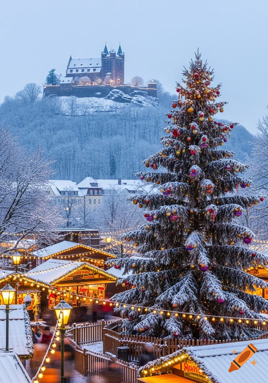 Photorealistic image of a snowy Christmas market with a decorated Christmas tree in the foreground and a historic castle on a hill in the background.