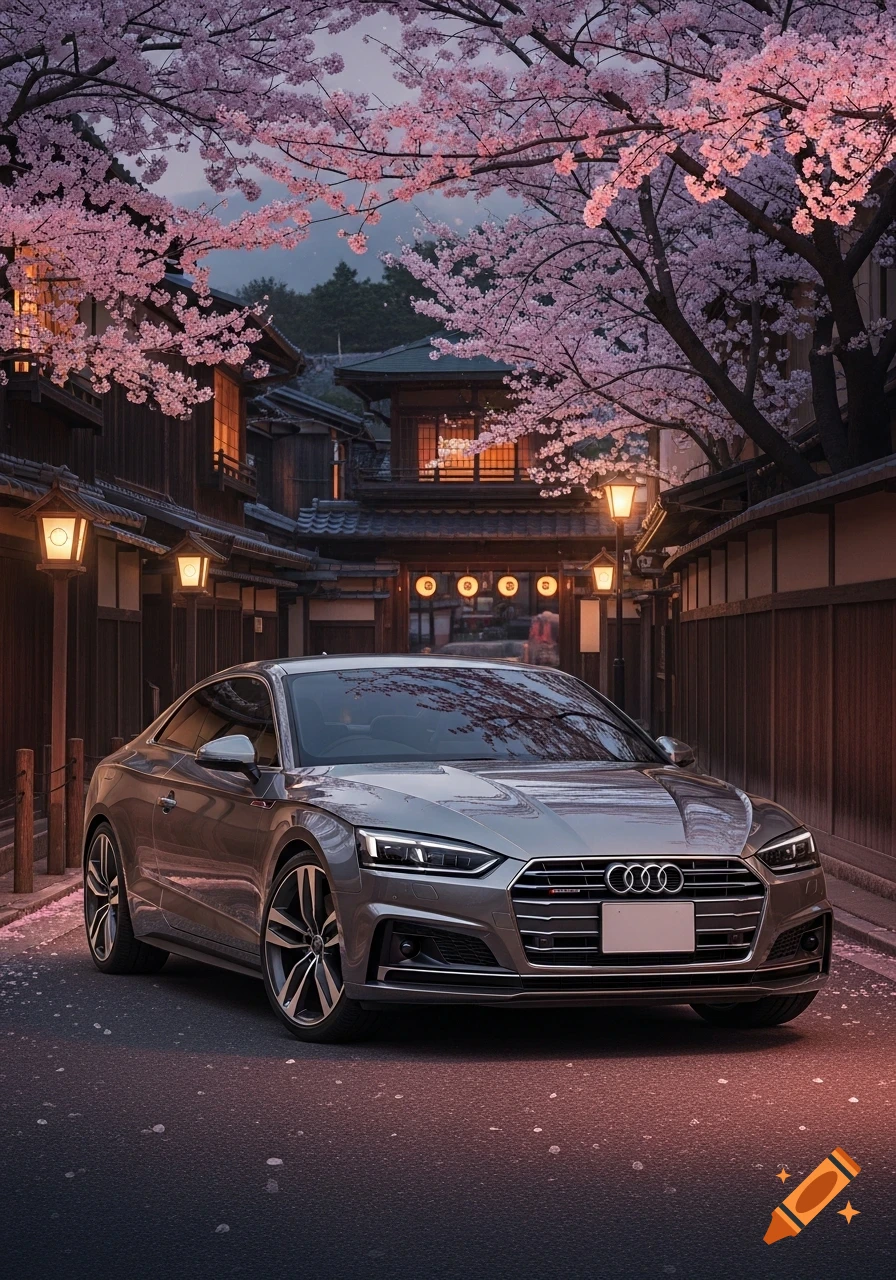 A silver Audi A5 coupe parked on a Japanese street lined with traditional wooden buildings and blooming pink cherry blossoms at dusk.
