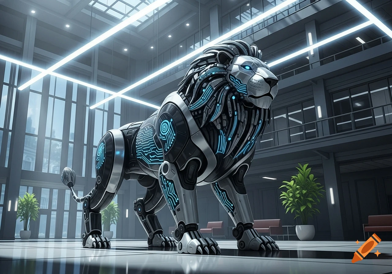 A detailed, futuristic robot lion with glowing blue circuitry stands in a modern, brightly lit building lobby.