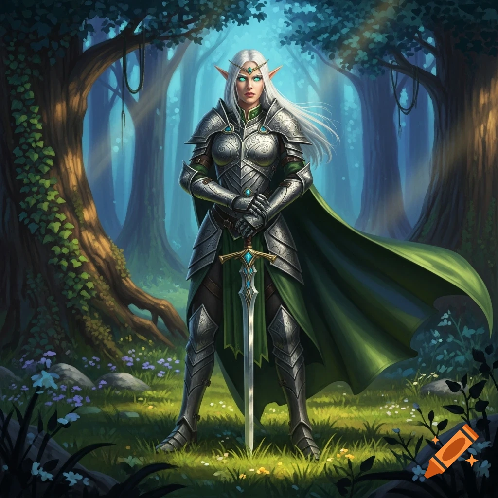 A female elf warrior with white hair and green eyes stands in a magical forest, wearing ornate armor and holding a sword.