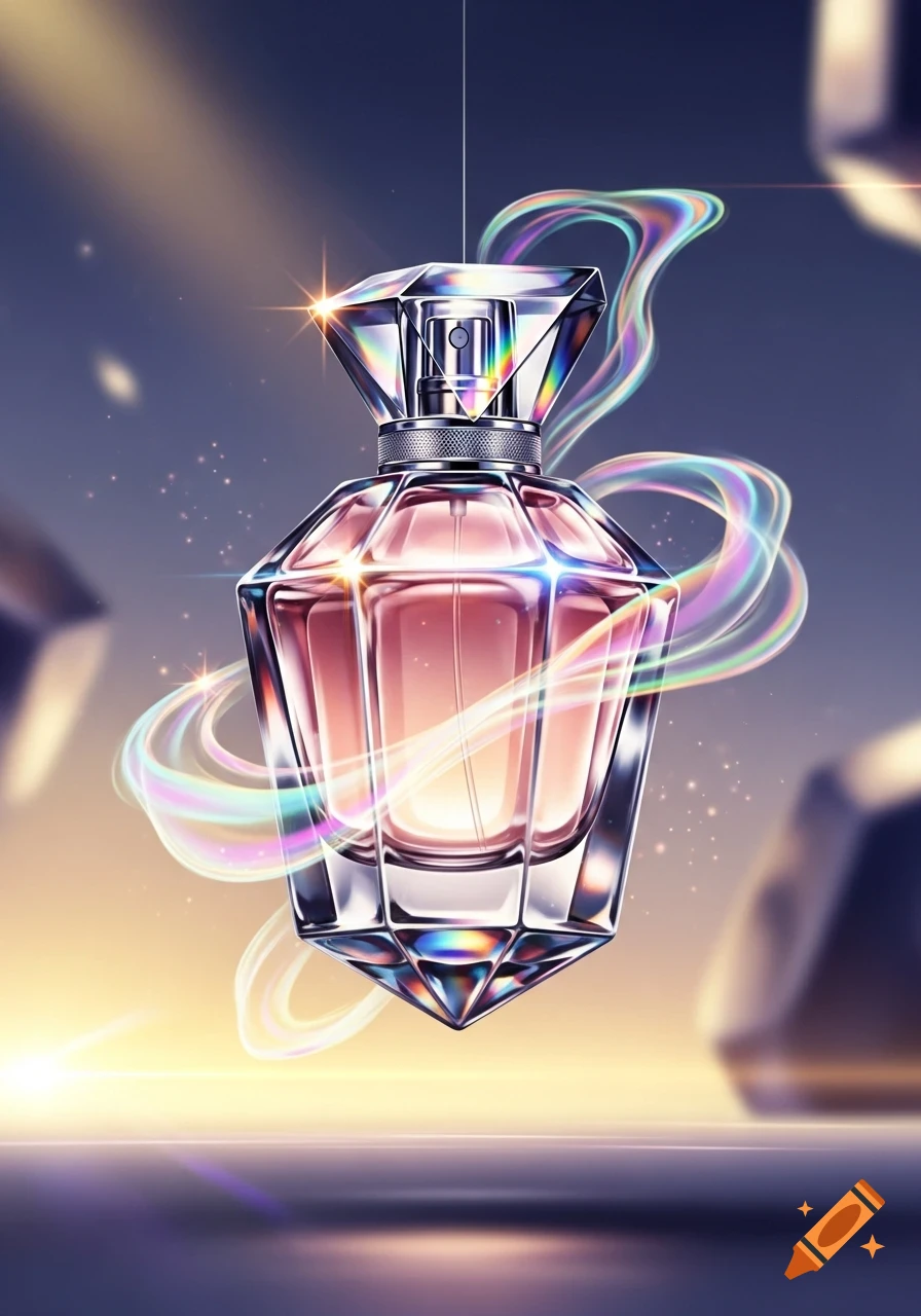 Stylized faceted perfume bottle with pink liquid and iridescent trails, shimmering against a purple and gold gradient background.