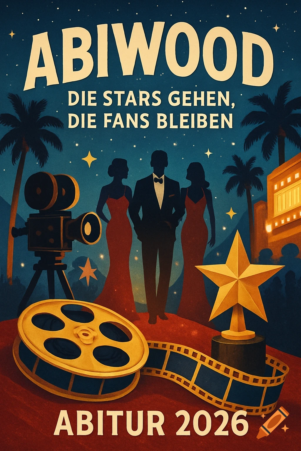 A vintage-style poster for 'Abiwood' with silhouettes of people in evening wear, a movie camera, film reel, and a star trophy under a starry sky. Text: Abitur 2026.