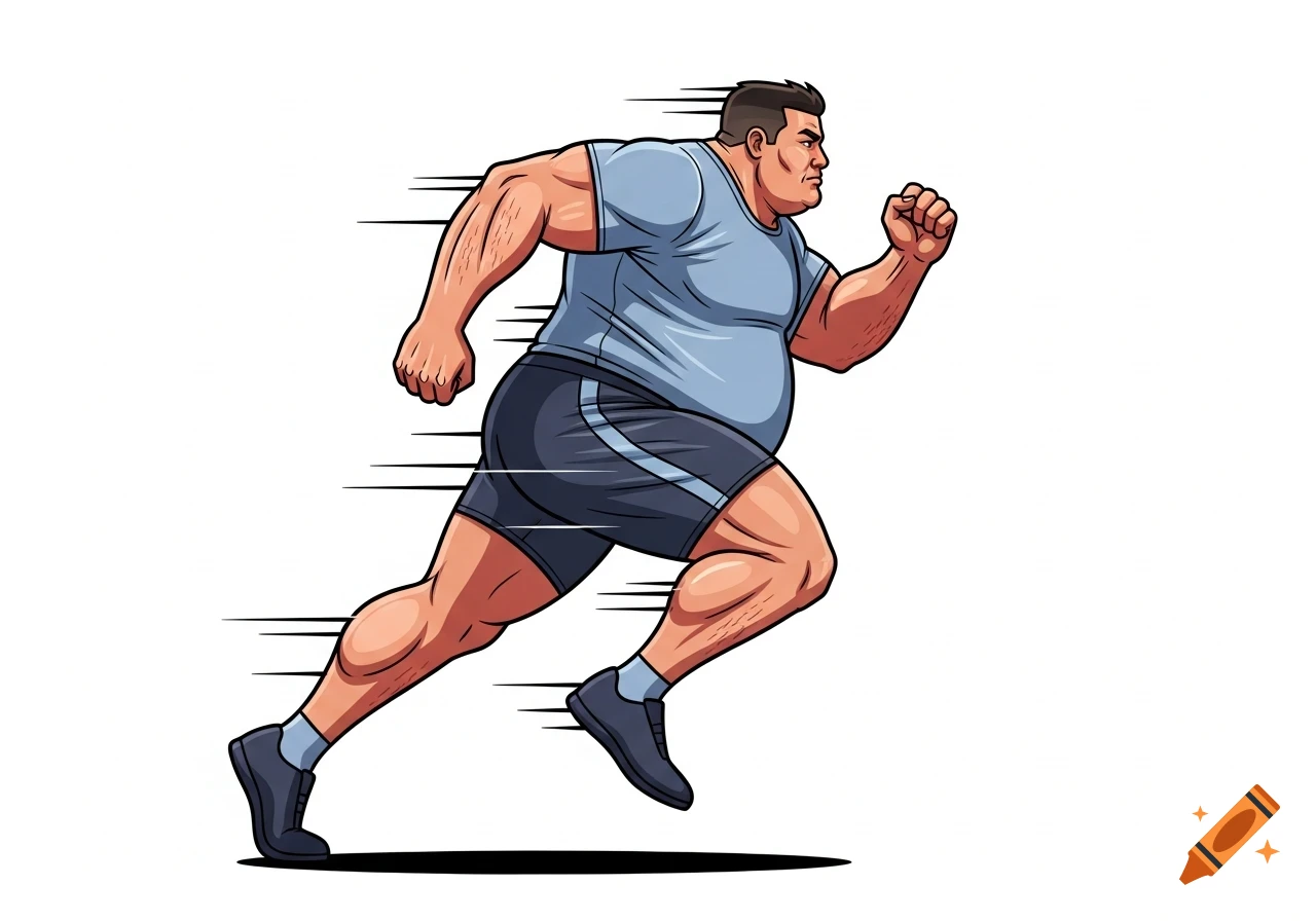 2D cartoon of an overweight man in a blue shirt and shorts, running to the right with speed lines.
