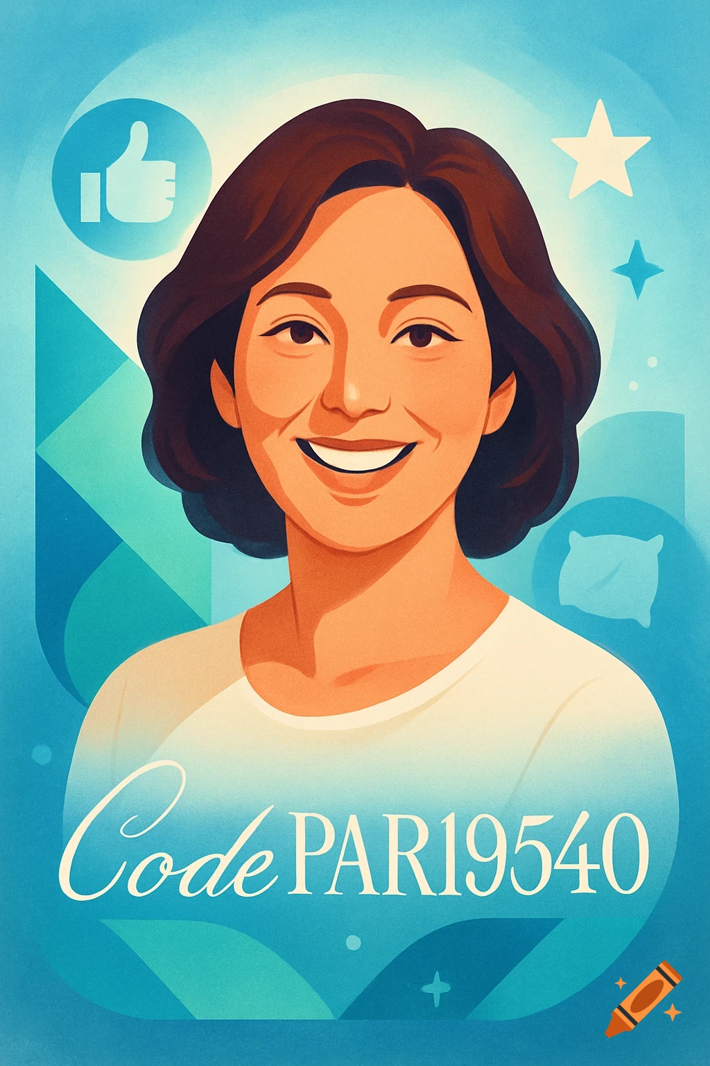 Stylized portrait of a smiling woman with brown hair on a blue and white background with geometric shapes, social media icons, and text 'Code PAR19540'.
