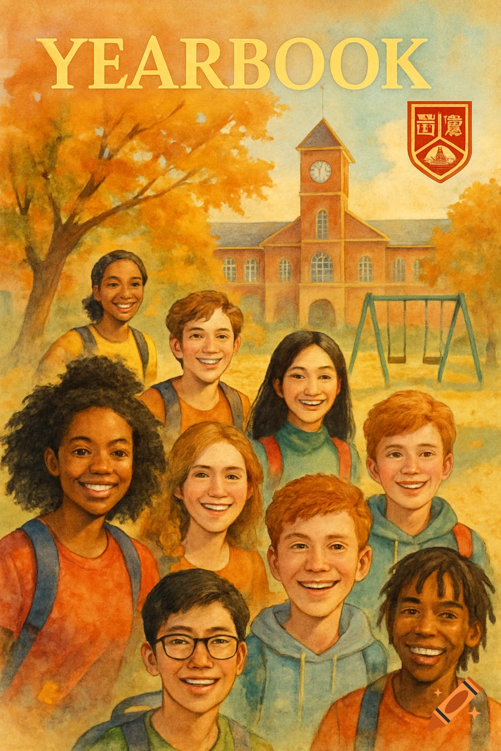 A group of diverse students with backpacks smile in front of a school ...