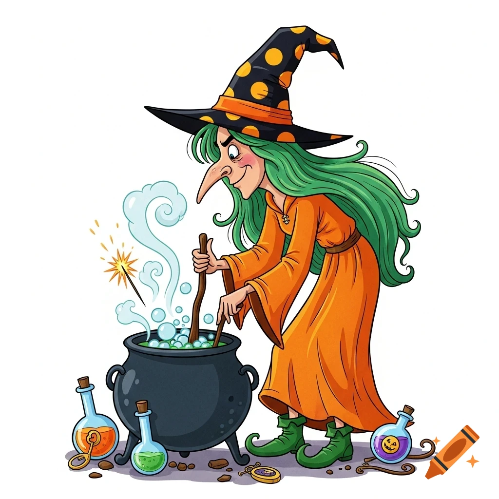 A cartoon witch with green hair, a black polka dot hat, and an orange dress stirs a bubbling cauldron, surrounded by potion bottles.
