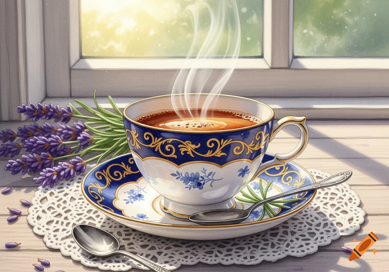 Steaming cup of tea with blue and gold patterns on a saucer, next to lavender flowers by a sunlit window.