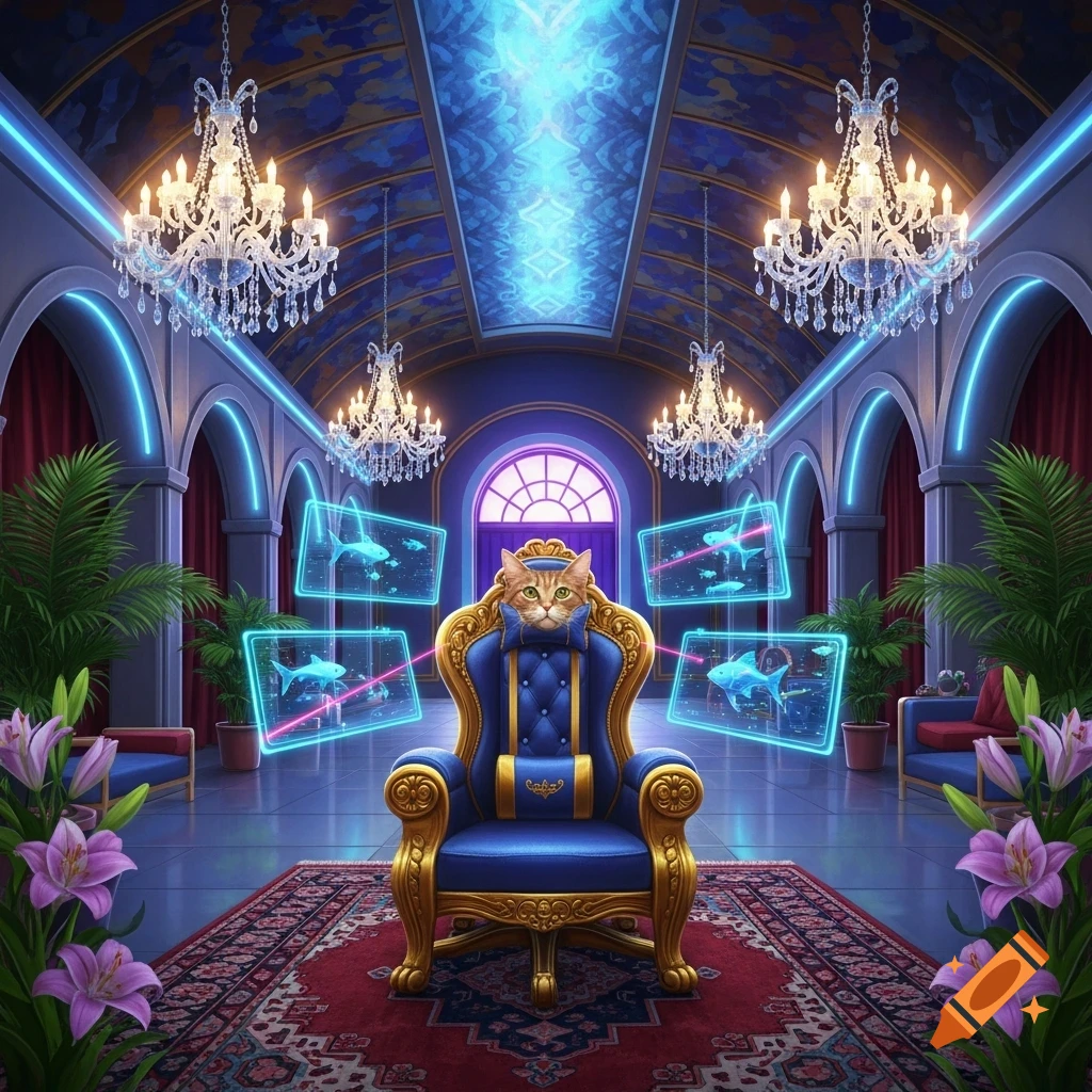 A regal cat sits on a blue and gold throne in a lavish, neon-lit palace with holographic screens showing fish.