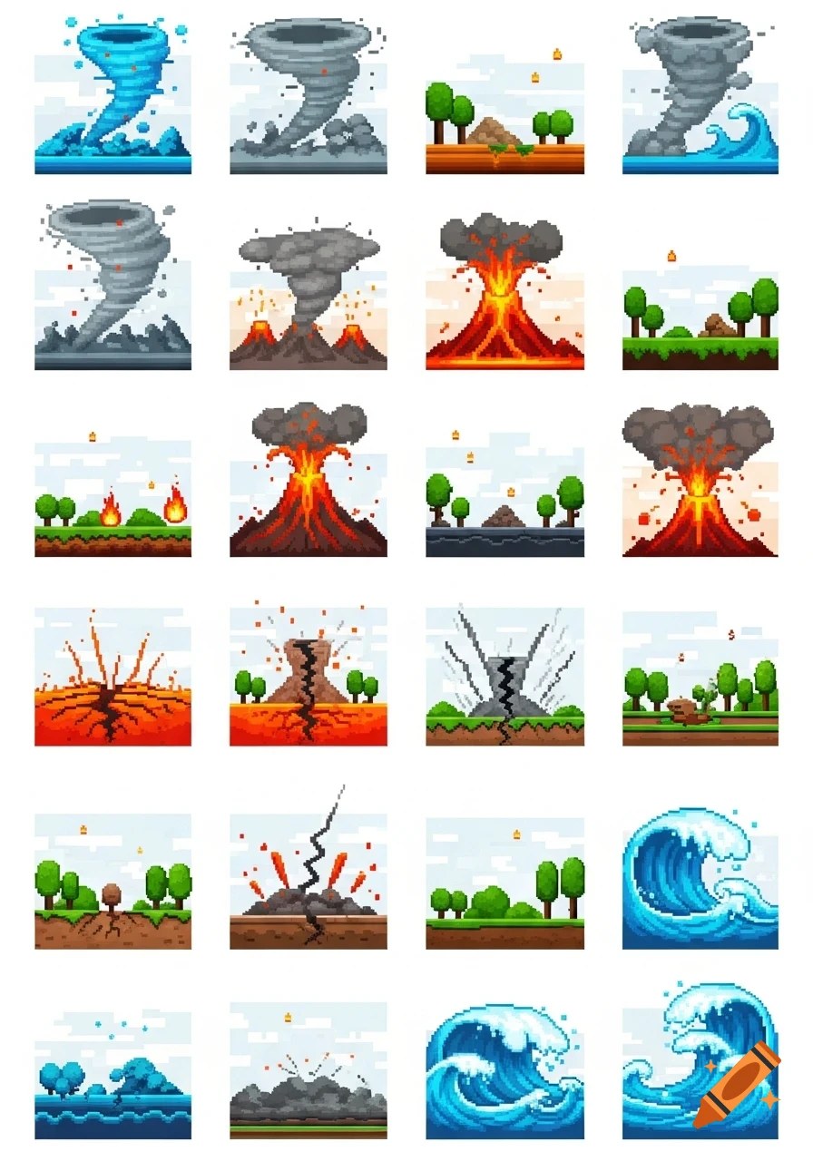 A grid of 24 pixel art icons depicting various natural disasters including tornadoes, erupting volcanoes, earthquakes, and ocean waves.