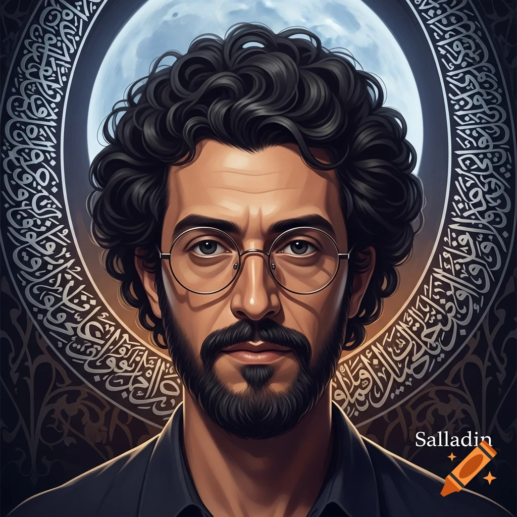 A man with curly dark hair, a beard, and round glasses, against a circular background with a full moon and intricate Arabic calligraphy.
