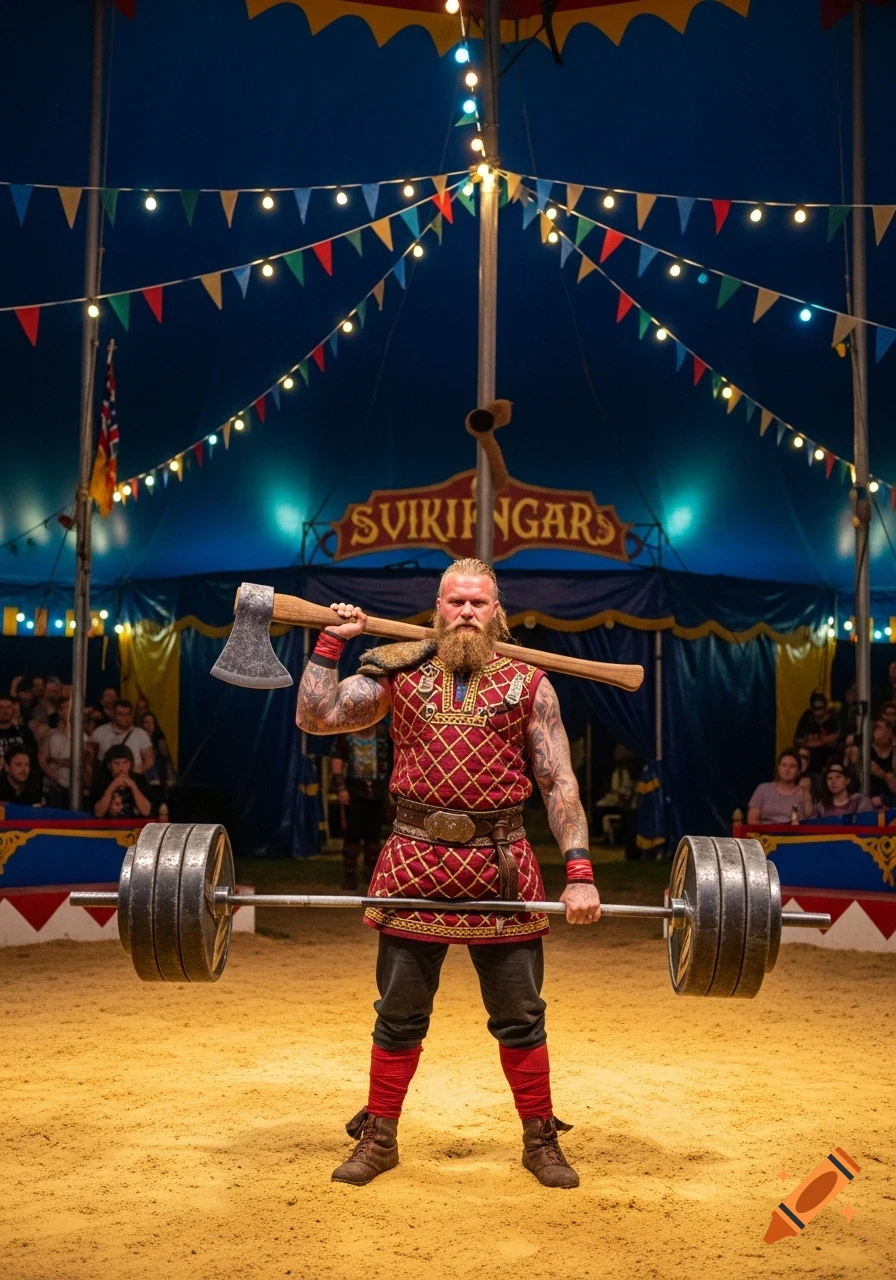 A photorealistic strongman in a Viking costume holding an axe and heavy barbell in a circus tent.