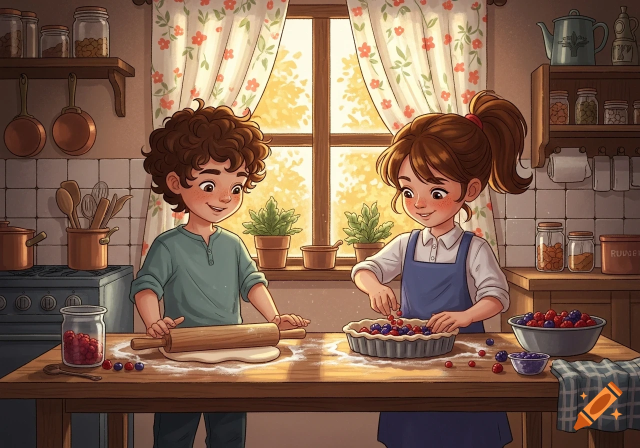 A boy rolls dough while a girl places berries into a pie crust in a warm, illustrated kitchen scene.