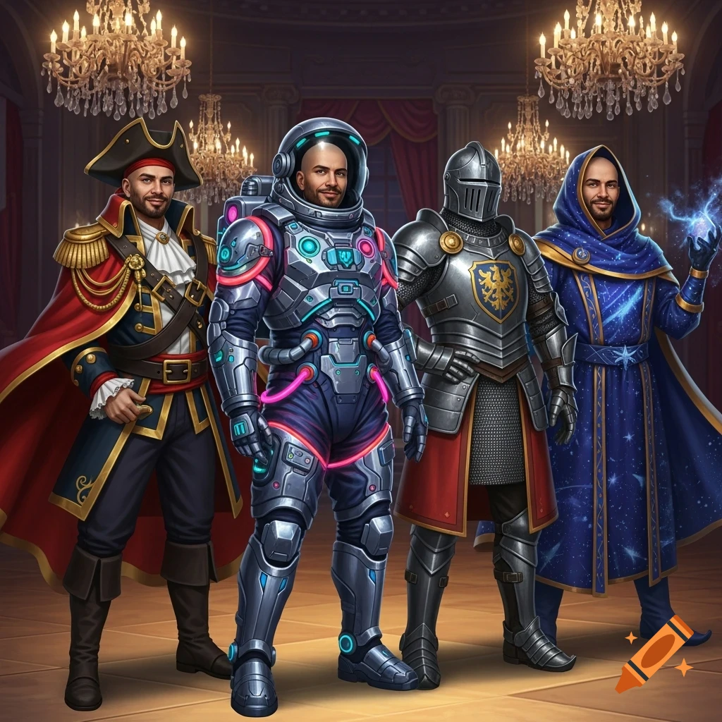 Four bald men in detailed costumes stand in an ornate hall: a pirate, a futuristic astronaut, a medieval knight, and a wizard.