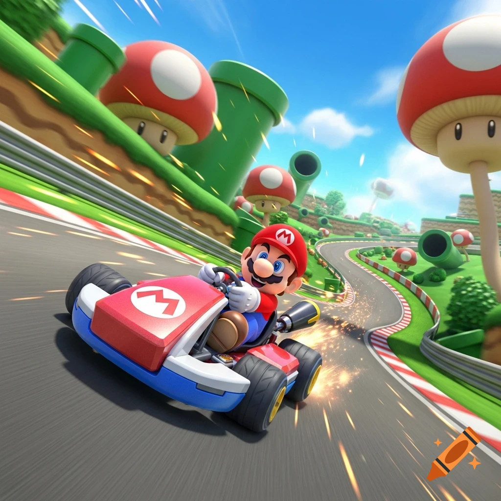 Mario racing his red and blue kart on a vibrant track with green pipes and red mushrooms under a blue sky.