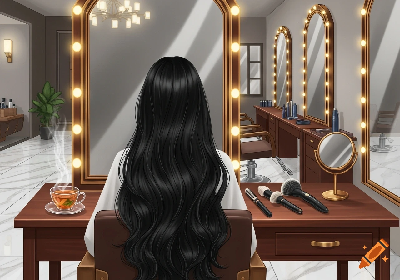 A woman with long black hair sits in a salon chair, facing away from the viewer, looking into a large lighted mirror with a cup of tea and makeup brushes on the table.