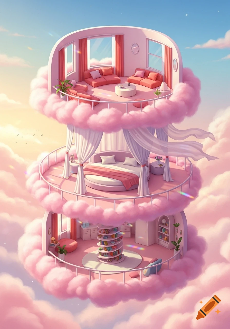 A whimsical three-level cloud house with pink living spaces, including a bedroom and living room, floating in a dreamy sky.