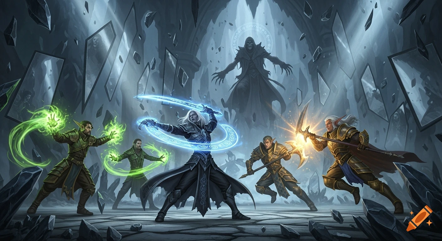 Epic high-fantasy battle in a crystalline cavern. Four heroes with glowing magic and weapons fight the towering skeletal Vecna.