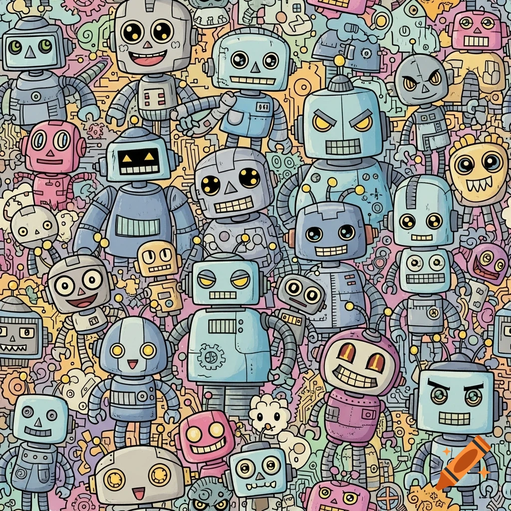 A busy, colorful doodle art pattern featuring numerous cartoon robots with varied sizes and expressions.