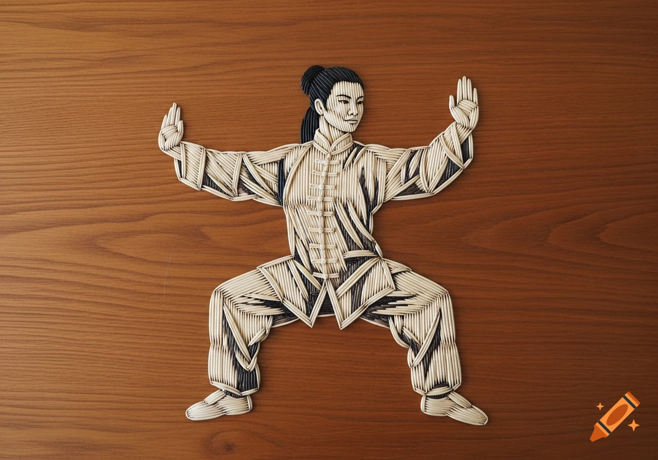 A kungfu woman in a Tai Chi posture, artfully constructed from toothpicks on a wooden surface.