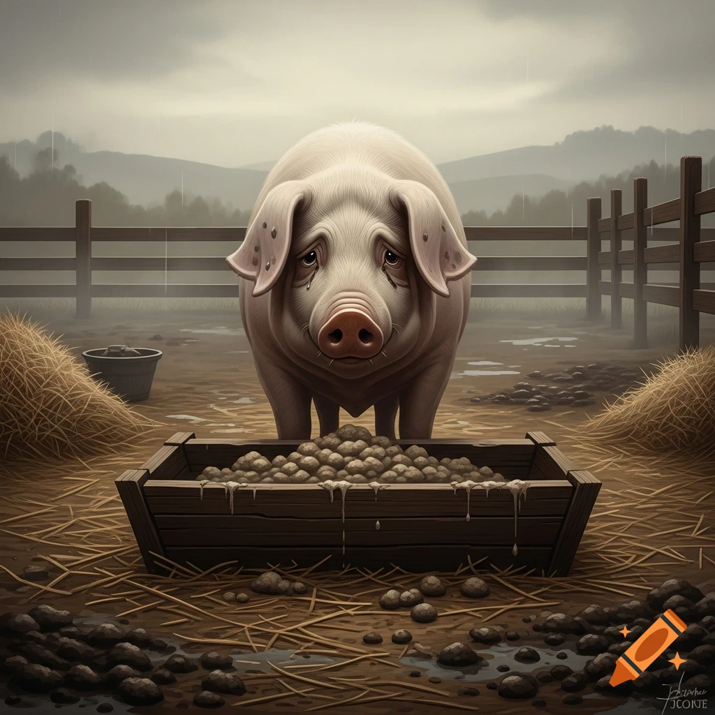 A sad, light pink pig stands in a muddy farm pen in the rain, with a wooden trough of slop in front.