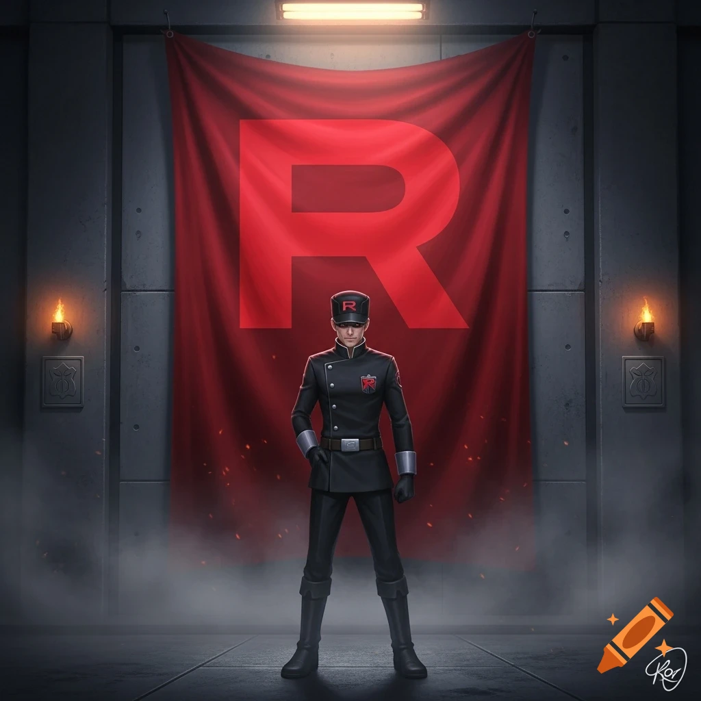 A stylized Team Rocket agent in a black uniform stands before a large red banner with an 'R' in a dark, smoky room.