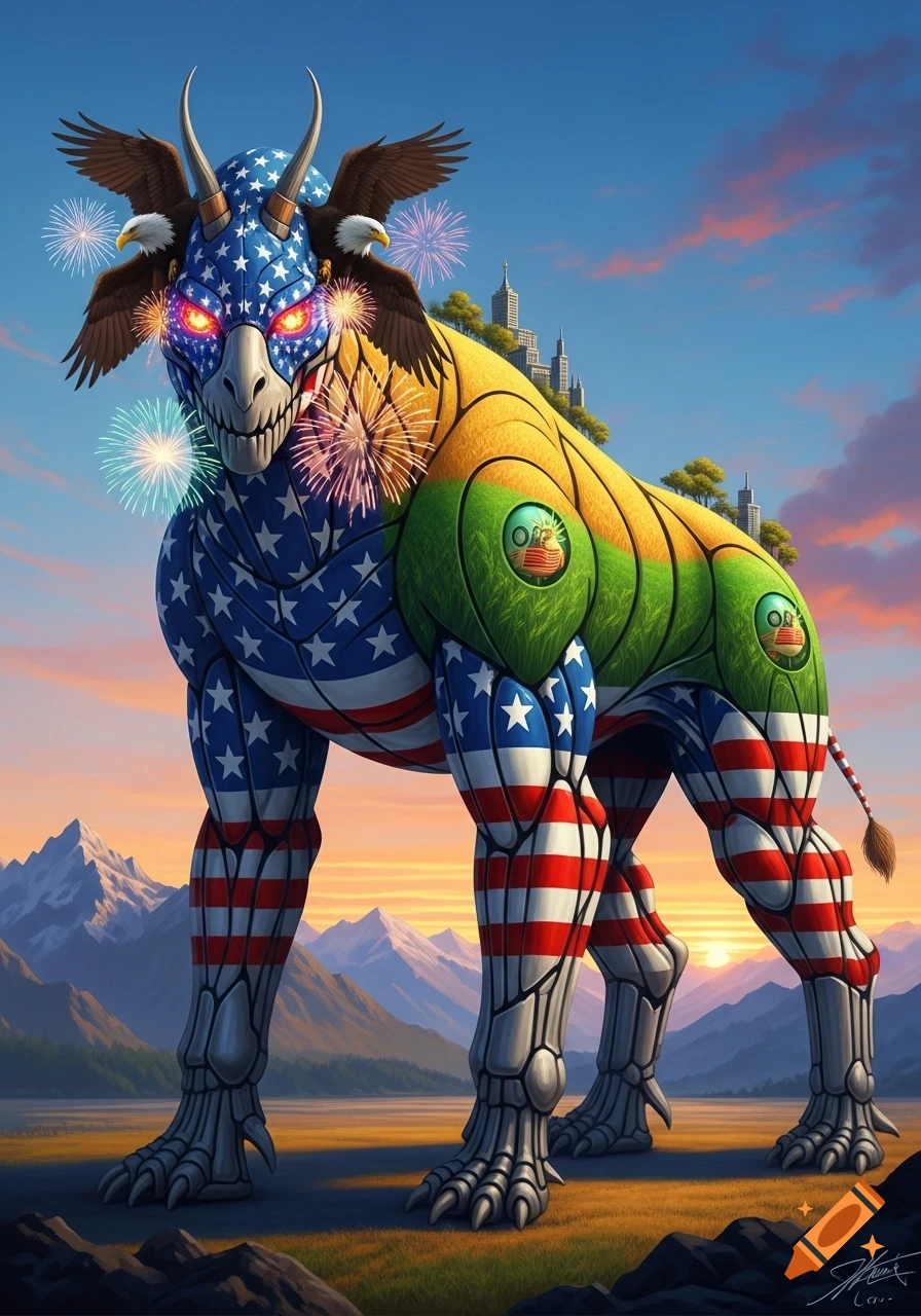 A majestic creature adorned with US flag patterns, eagles, and a cityscape on its back, with fireworks, stands in a mountainous sunset landscape.