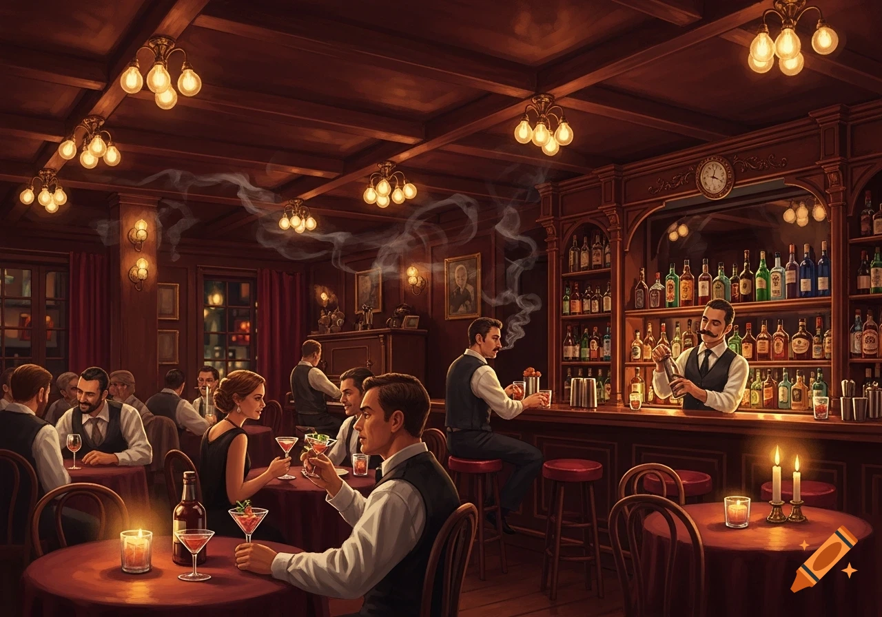 A dimly lit, wood-paneled saloon bustling with patrons drinking, smoking, and conversing. A bartender prepares drinks behind a bar.