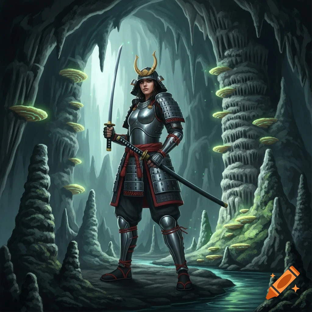 A female samurai in full armor stands in a mystical cave filled with glowing fungi and stalactites, holding a katana.