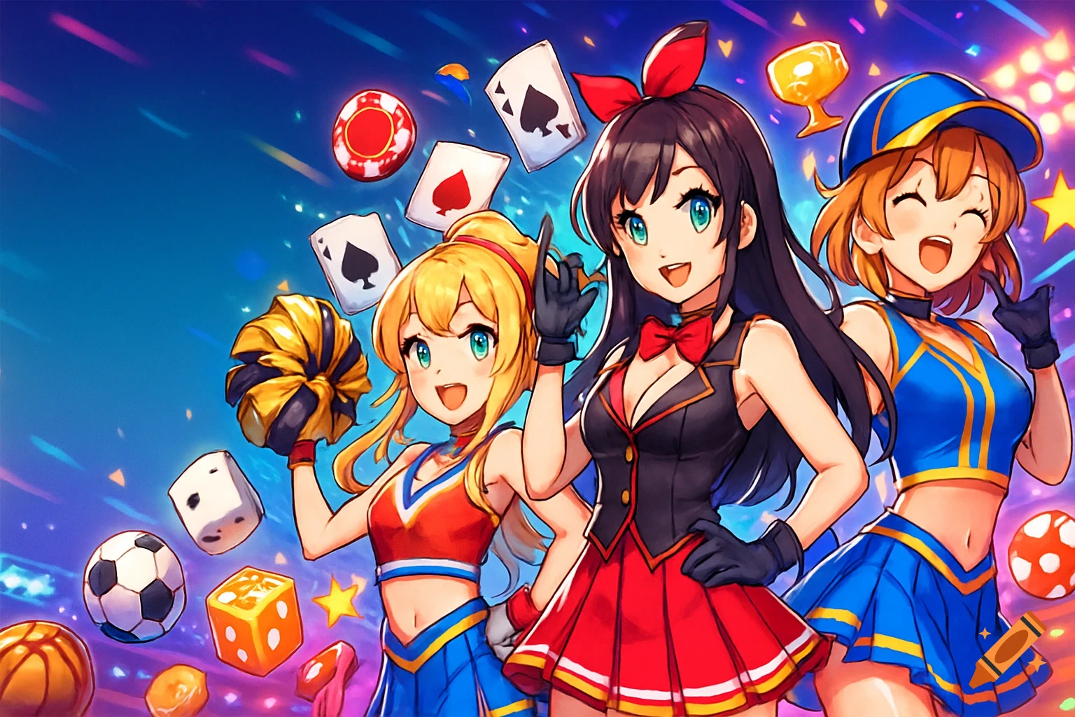 Three smiling anime girls in cheerleader and casino-themed outfits surrounded by floating playing cards, dice, and sports items on a vibrant neon background.