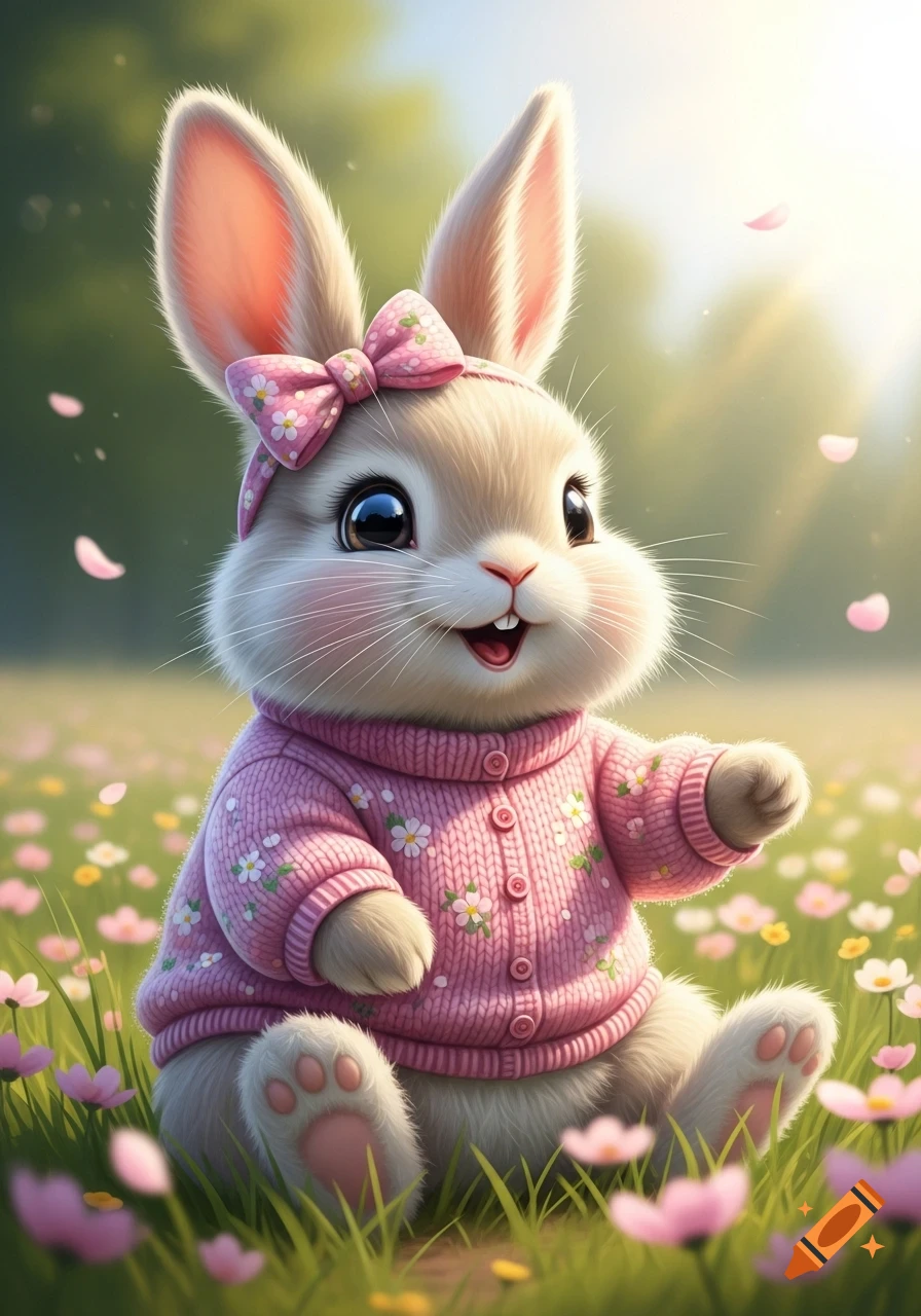 A fluffy, cartoon-style rabbit with big eyes and a pink bow, wearing a pink floral sweater, smiling in a sunny field of flowers.