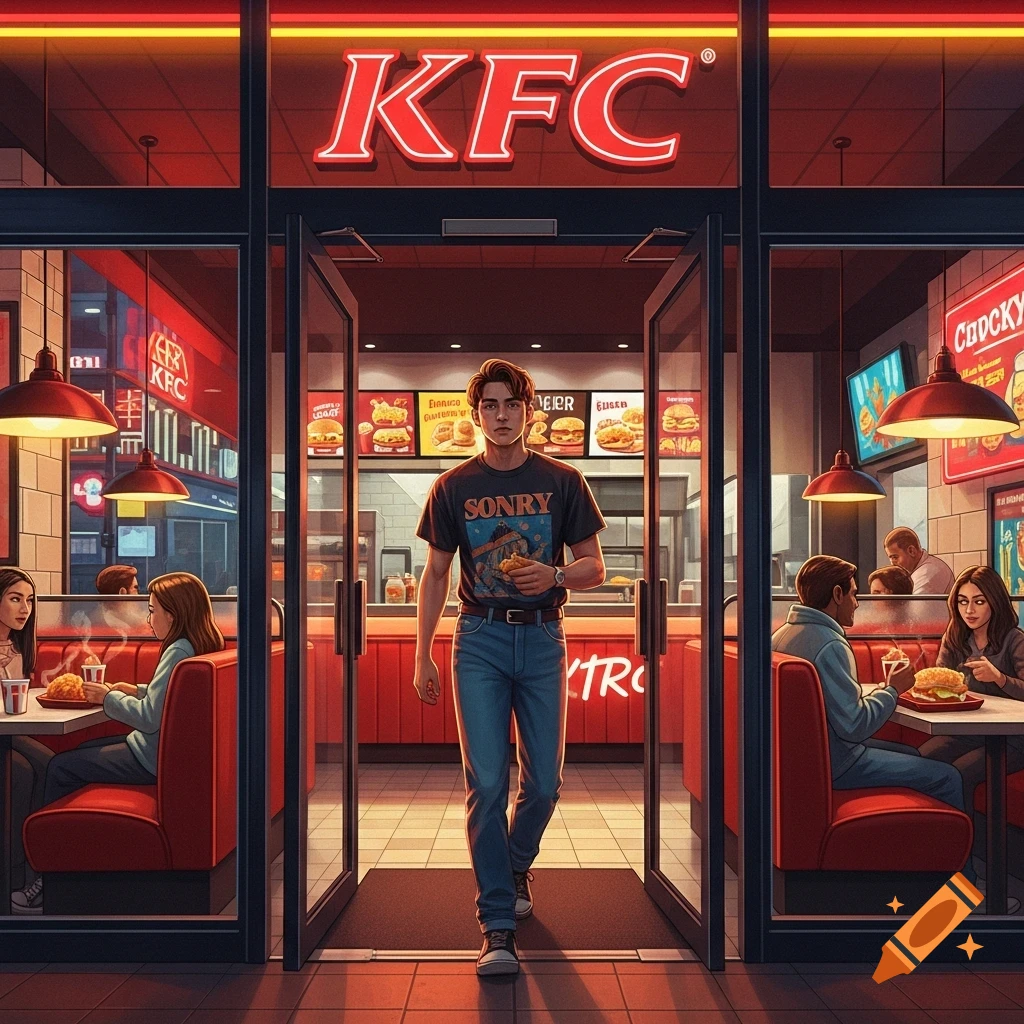 A man walks out of a KFC restaurant, holding food, while patrons sit at tables inside. The scene is brightly lit with red neon accents.