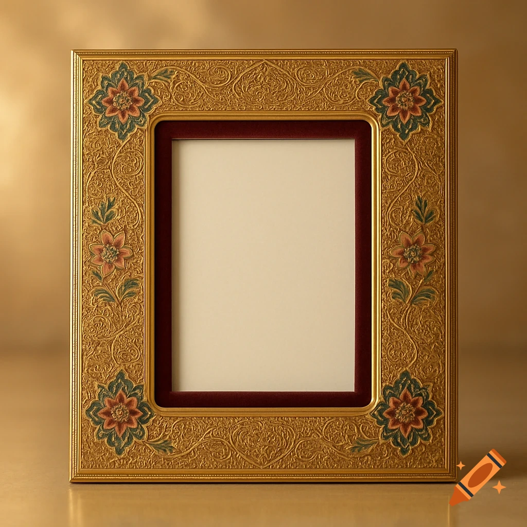 Ornate gold picture frame with red velvet and a blank cream mat, adorned with colorful floral and scrollwork designs.