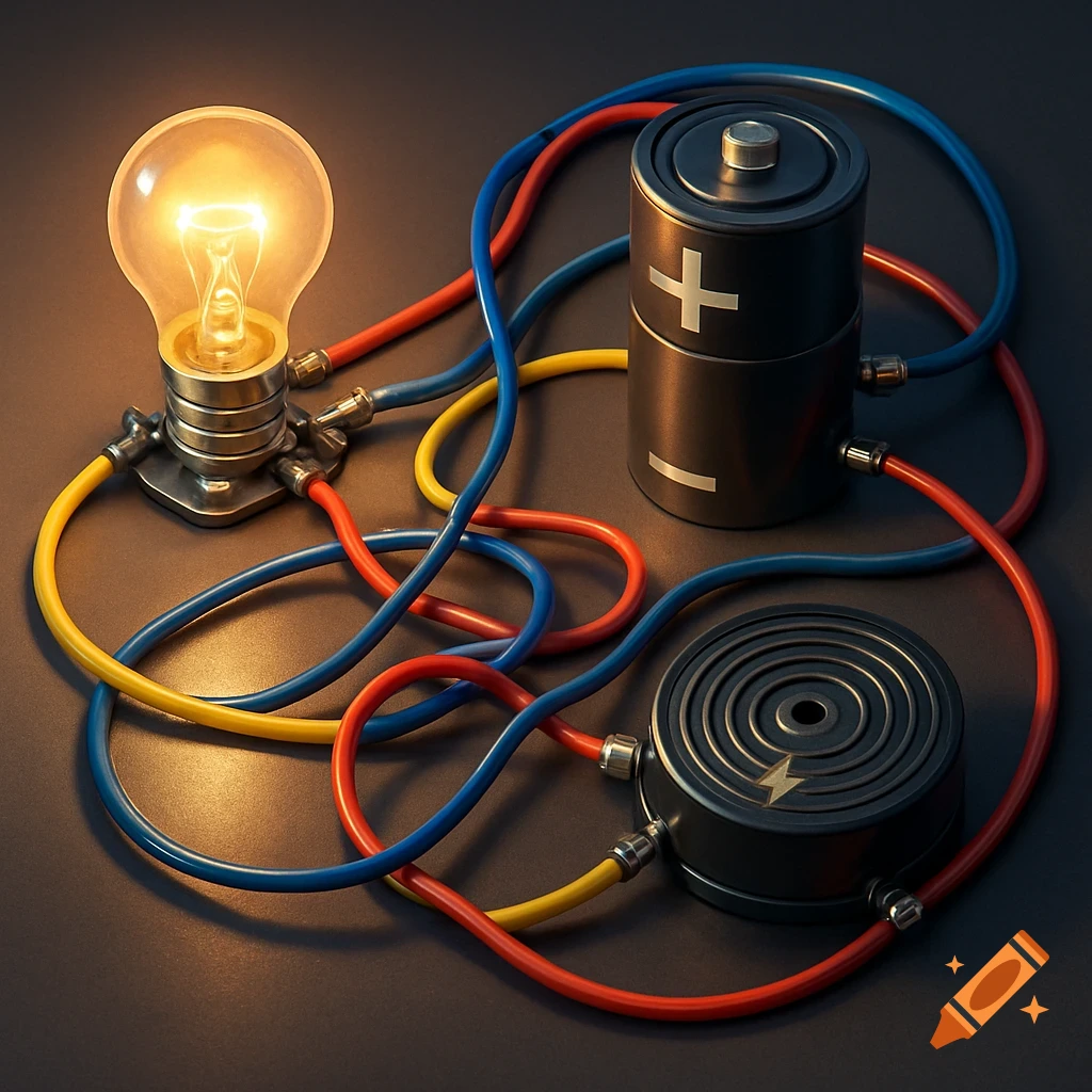 A light bulb, battery, and a circular buzzer connected by colorful red, blue, and yellow wires, all glowing on a dark surface.