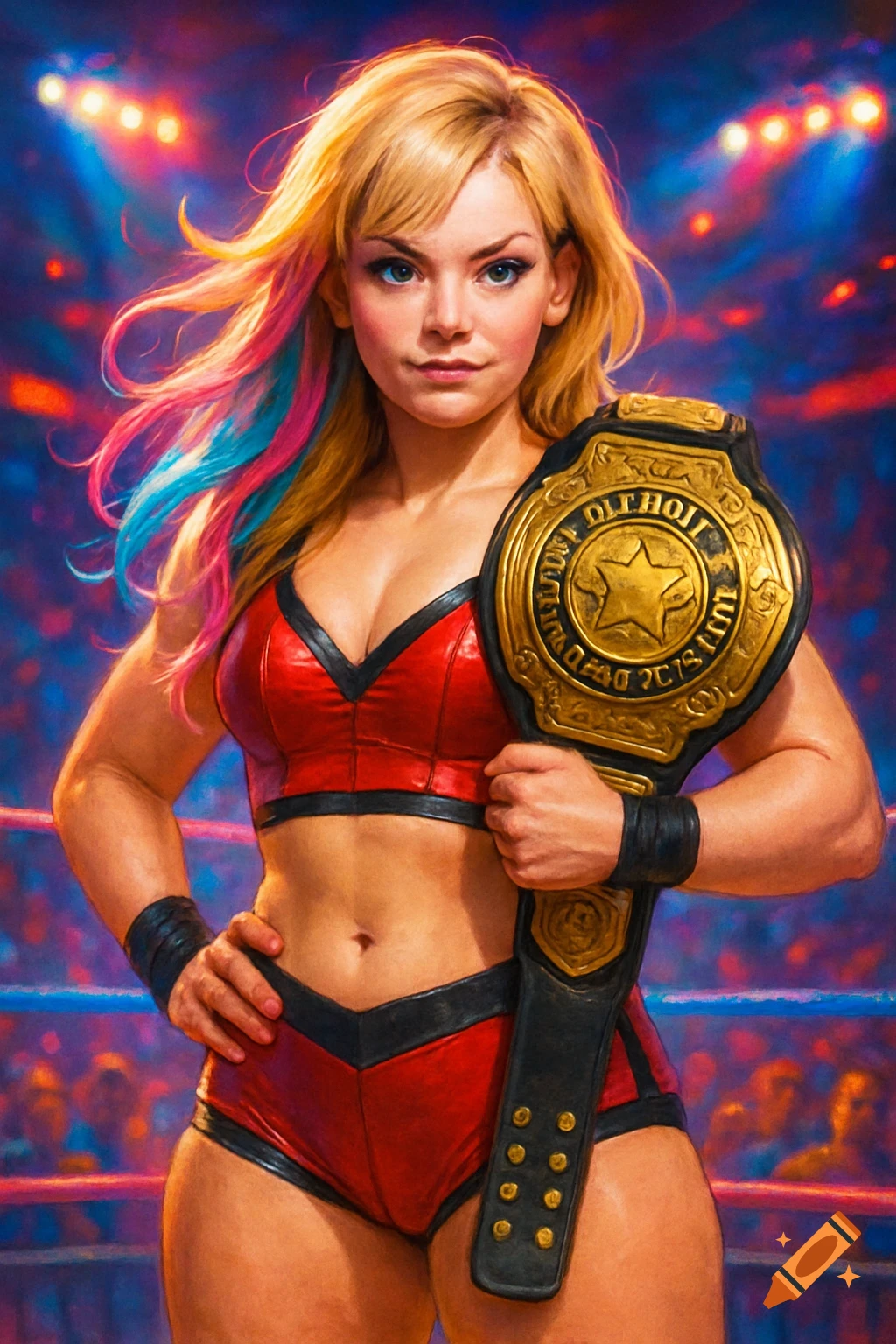 Blonde female wrestler with pink and blue hair streaks in red gear holding a championship belt in a wrestling ring.