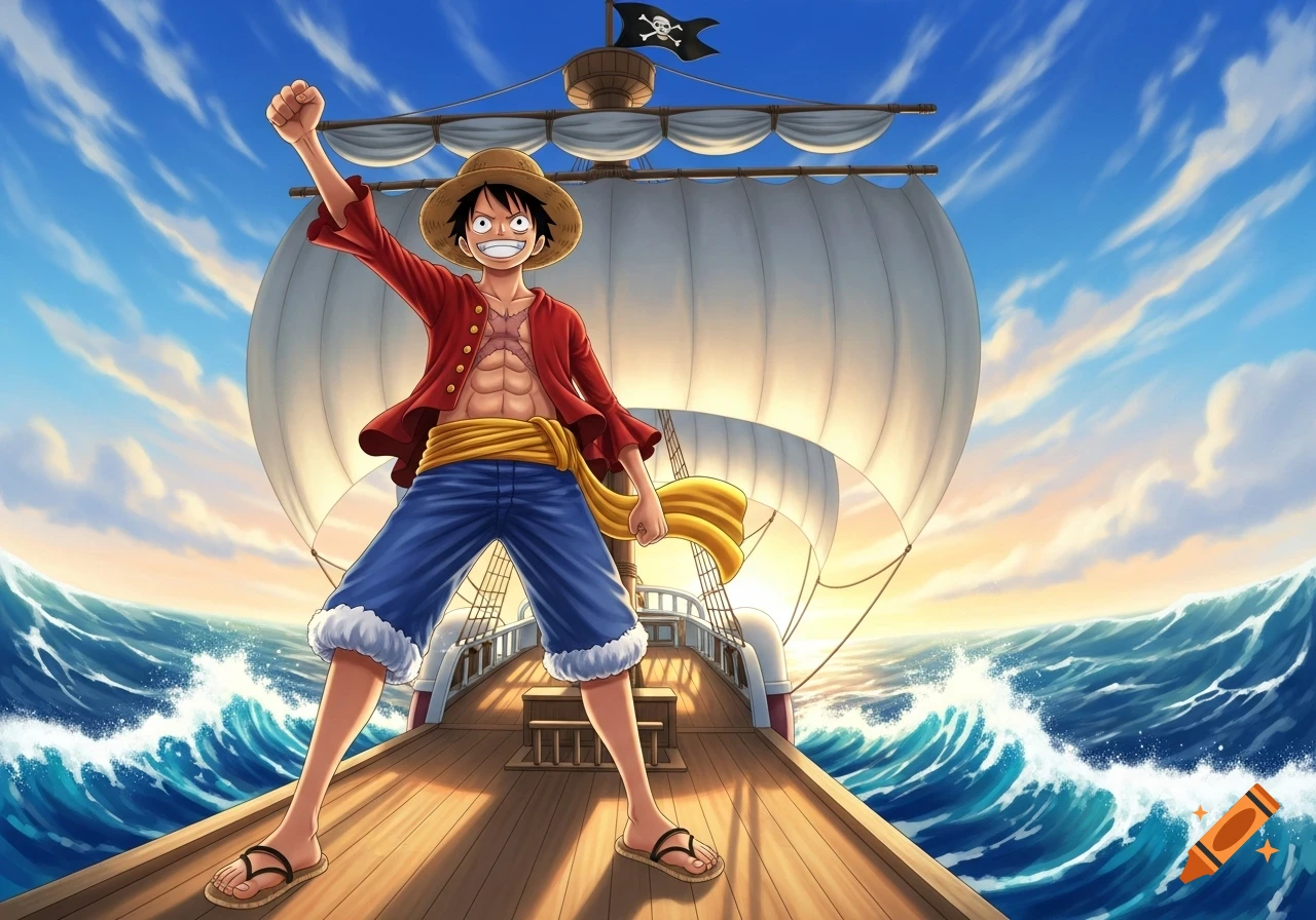 Anime illustration of Luffy, the One Piece character, standing triumphantly on a pirate ship at sea under a vibrant sky.