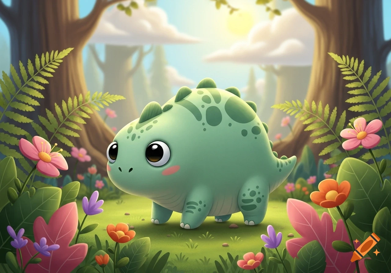 A cute green cartoon dinosaur with large eyes stands in a lush, flowery forest under a sunny sky.