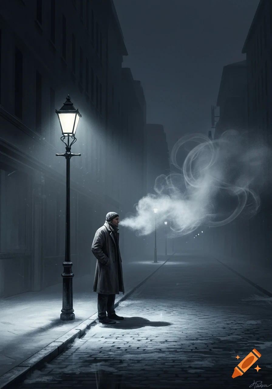 A man in a coat exhales thick, foggy breath under a lamppost on a cold, dark, and foggy urban street at night.