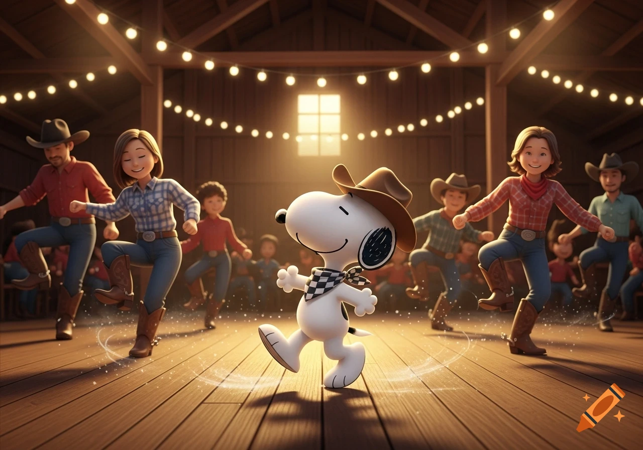 Snoopy in a cowboy hat and checkered bandana line dancing in a rustic barn with string lights, surrounded by smiling cartoon people in cowboy attire.